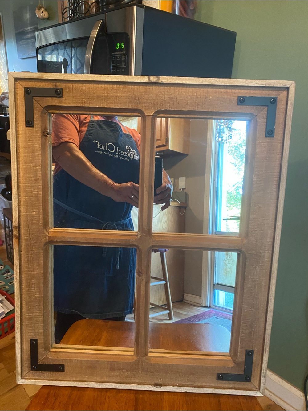 Farm House Windowpane Rustic Wood Mirror in Brown and Cream